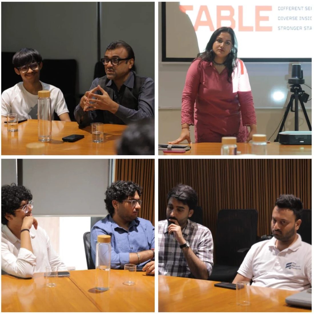 Moments from the Startup Round Table: Dhyey at the table, and others listening and talking.
