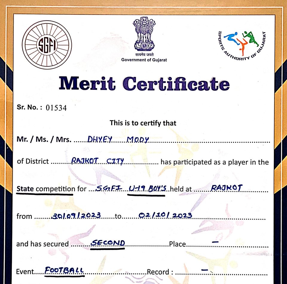 SGFI Merit Certificate, Sports Authority of Gujarat: state competition, U-19 boys football, second place, 2023.